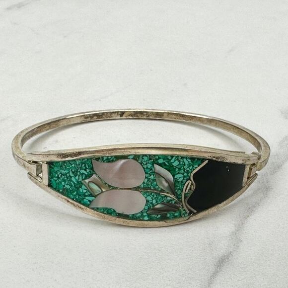 Vintage Alpaca Mexico Mother of Pearl Shell Flower Inlay Bangle - Picture 3 of 9
